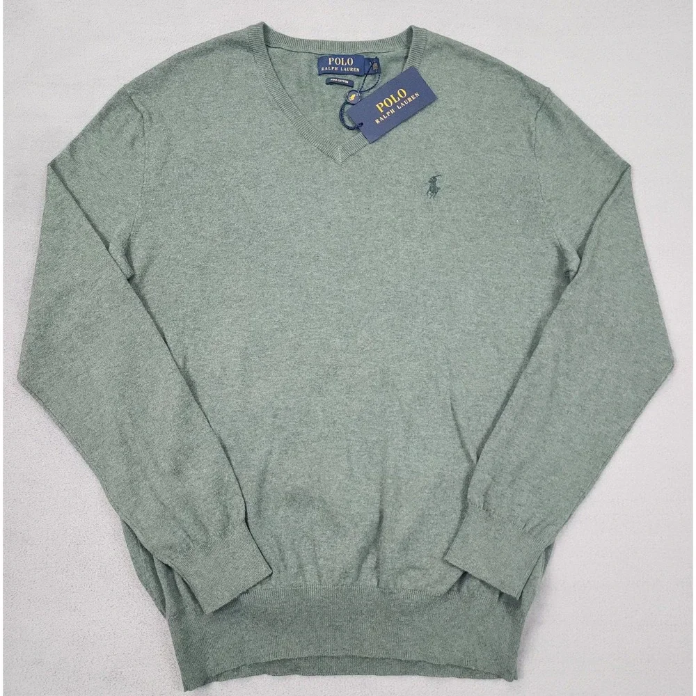 Polo Ralph Lauren Sweater Mens S Green Pima Cotton V Neck Pullover Pony NWT Knit